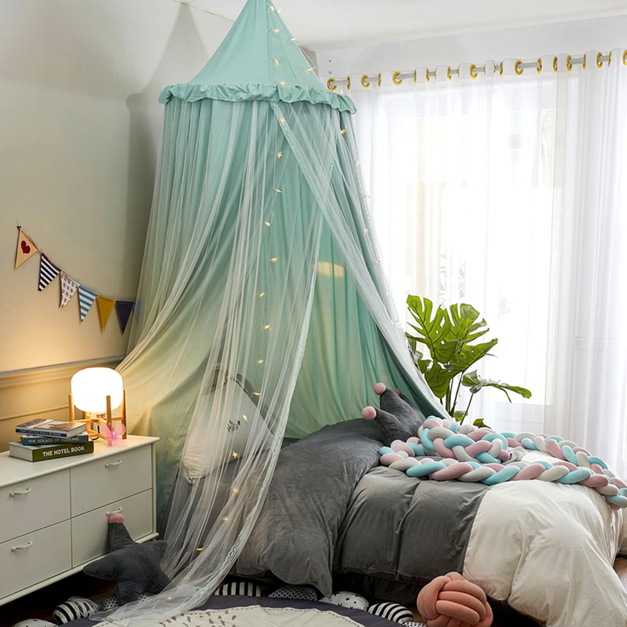 HUOQOU Bed Canopy for Girl Double Layer Princess Round Dome Children Dreaming Mosquito Net Bed Linen Girls Room Castle Play Tent Hanging House Decor Reading Corner Canopies(Green/White)