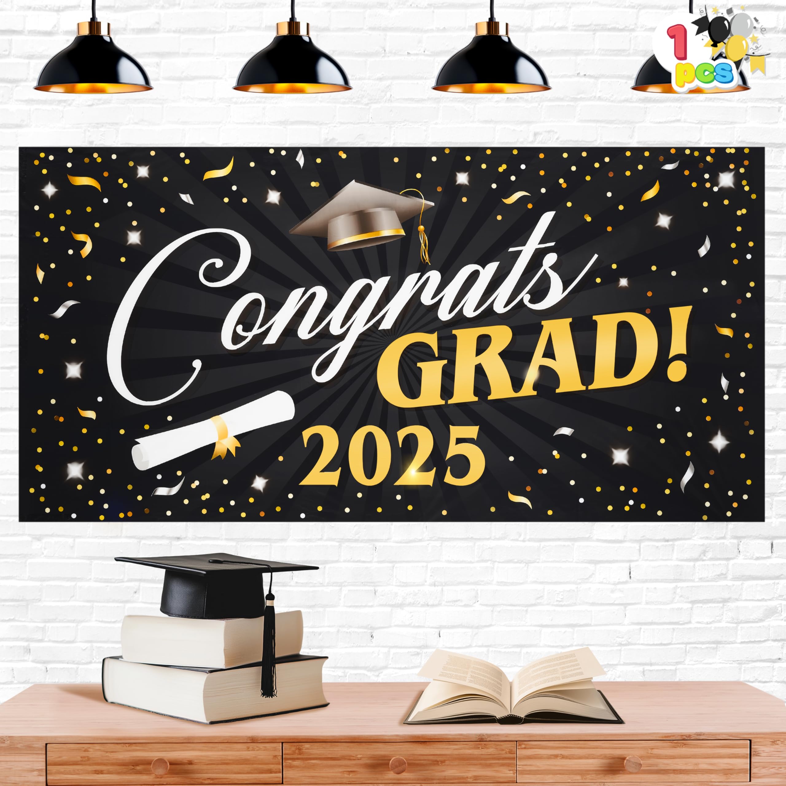 Photo 1 of JOYIN 2025 Graduation Plastic Backdrop (Black & Gold), 65" Grad Banner with Double Sided Adhesive Dot, Class of 2025 Graduation Indoor Outdoor Decoration, Photography Party Supplies