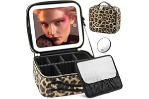 Jadazror Makeup Bag with Light Up Mirror, Lighted Travel Makeup Organizer 3 Colors Adjustable Brightness, Makeup Bag with Mirror and Light, Travel Train Case Portable Cosmetic Bag for Women(Leopard)