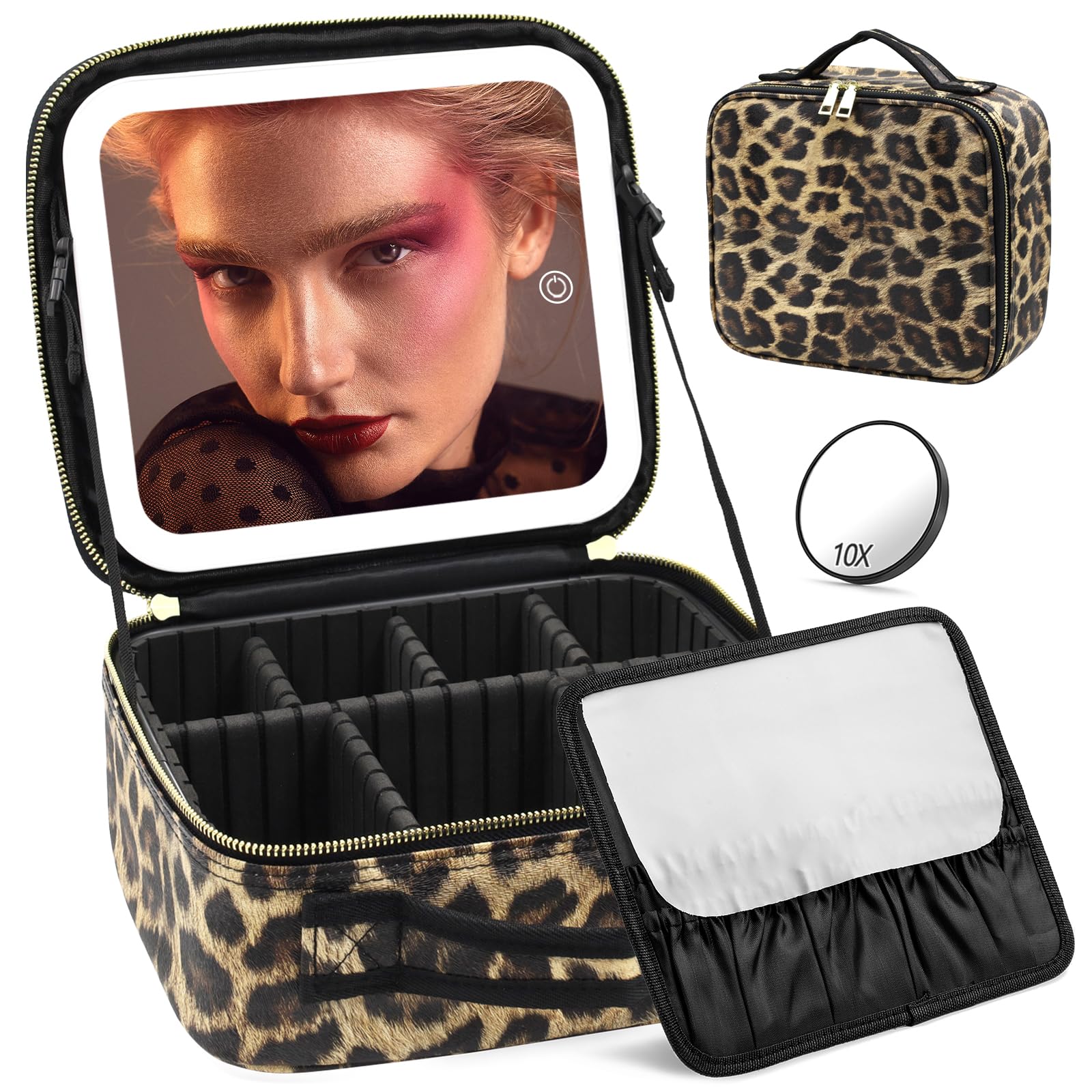 Makeup Bag with Light Up Mirror, Lighted Travel Makeup Case Organizer, Makeup Bag with Mirror and Light 3 Color Adjustable Brightness, Travel Makeup Train Case Portable Cosmetic Bag for Women(Leopard)
