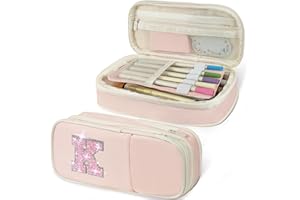 JANHAVI Preppy Pencil Case for School Supplies, Initial Large Pink Pencil Case Organizer with Zipper, Cute Pencil Bag Holder for Office, Ideal Birthday Gift for Kids,8,9,10 Years Old Girls, Adults--Pink K