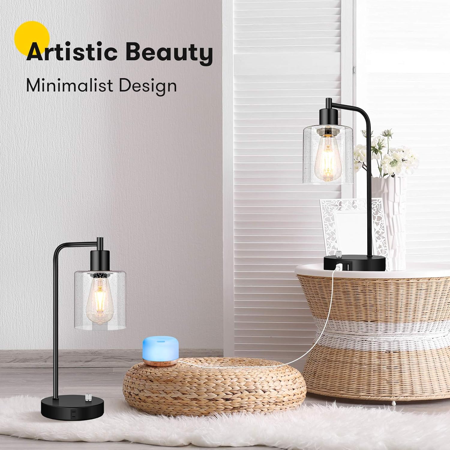 Set of 2 Fully Stepless Dimmable Industrial Table Lamps with 2 USB Ports & AC Outlet, Bedside Nightstand Desk Lamps with Seeded Glass Shades for Bedroom Dorm Living Room, 2 7W 2700K LED Bulbs Included - - 