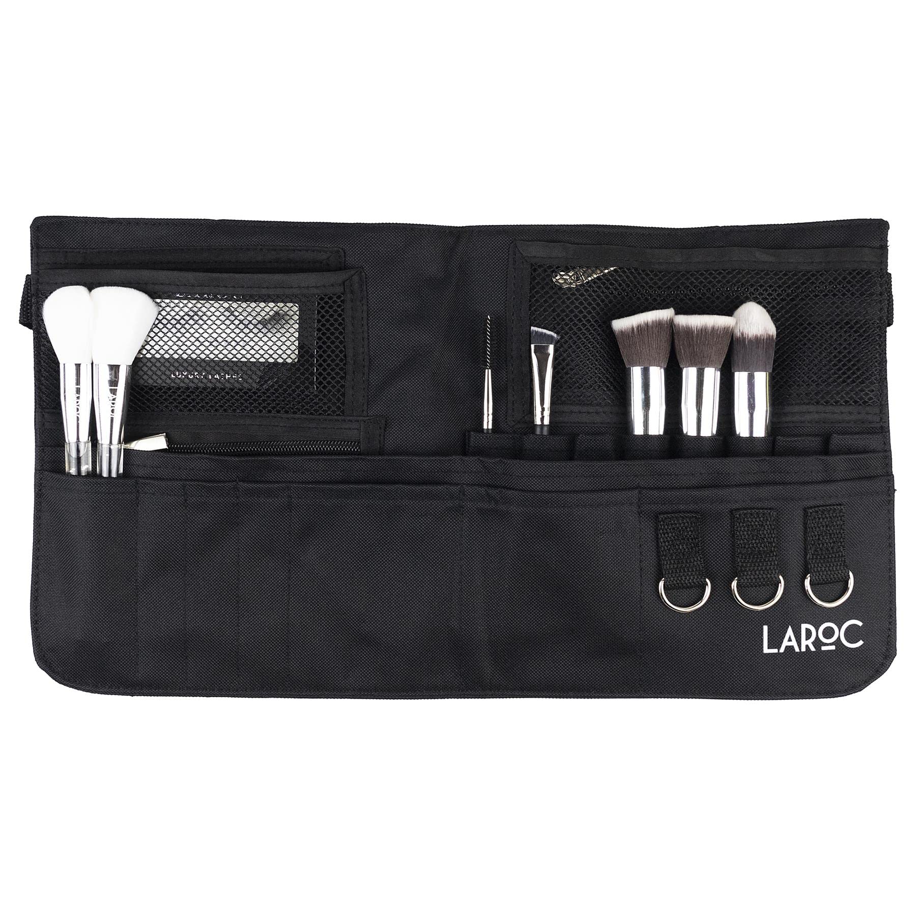 LaRoc Makeup Brush Holder Belt - Adjustable Make Up Brushes & Cosmetics Organiser, Mesh and Zippered Pouches, Ideal for MUA, Students, Amateurs, Professionals - Make Up Organiser