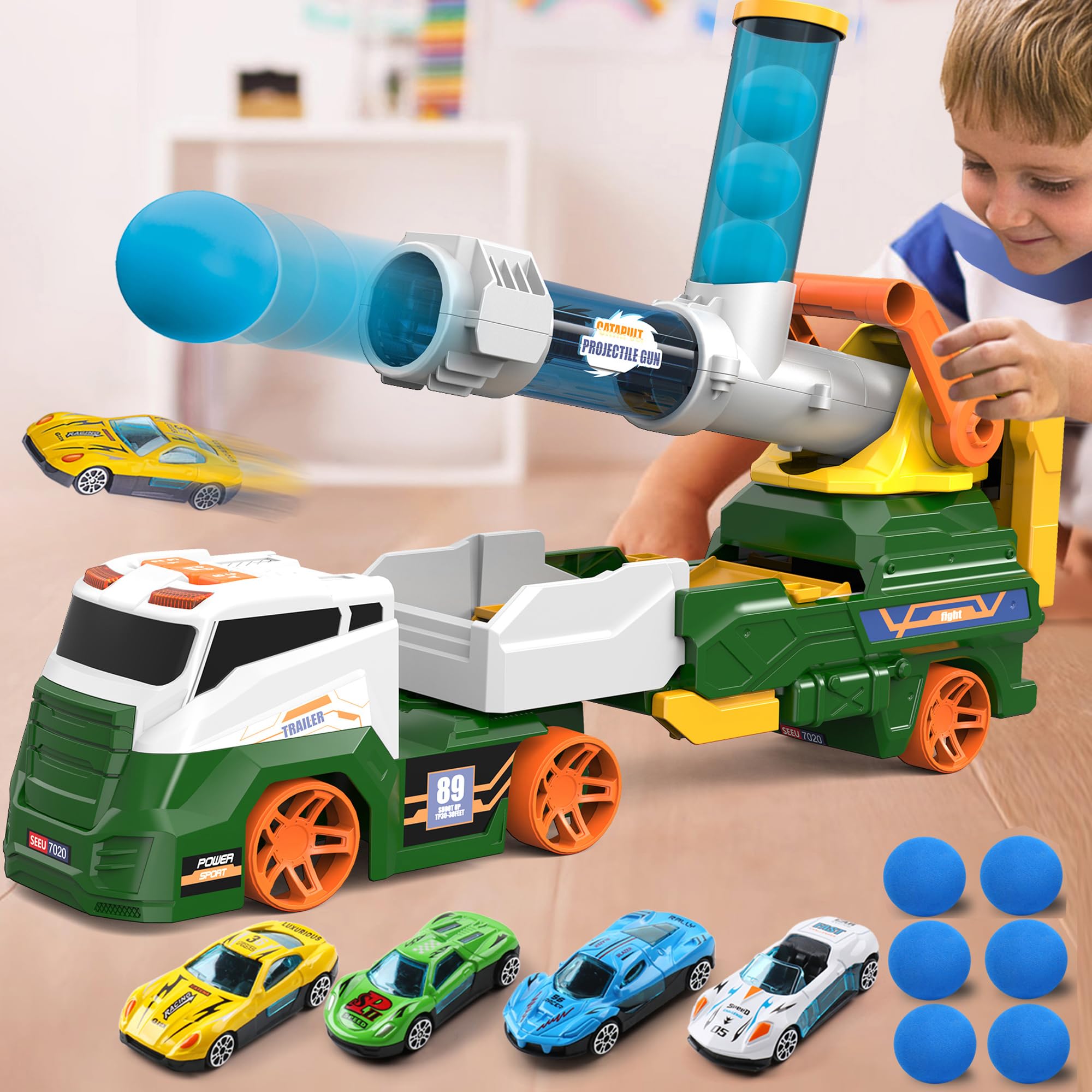 Photo 1 of ***MISSING PARTS*** Dwi Dowellin Truck Toys for Kids, 28" Large Car Toys Include 4 Racing Cars+6 Ball, with Light & Sounds, Eejection&Shooting Transport Cars Toy, Gifts for Boys Girls-Green
