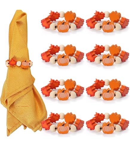 Set Of 8 Thanksgiving Napkin Rings - Fall Theme With Turkey, Pumpkin, Maple Leaf & Sunflower Designs