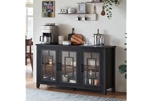 Joaxswe Large Sideboard Buffet Cabinet with Storage, 55" Farmhouse Black Kitchen Coffee Wine Bar Cabinet with 4 Glass Doors, 