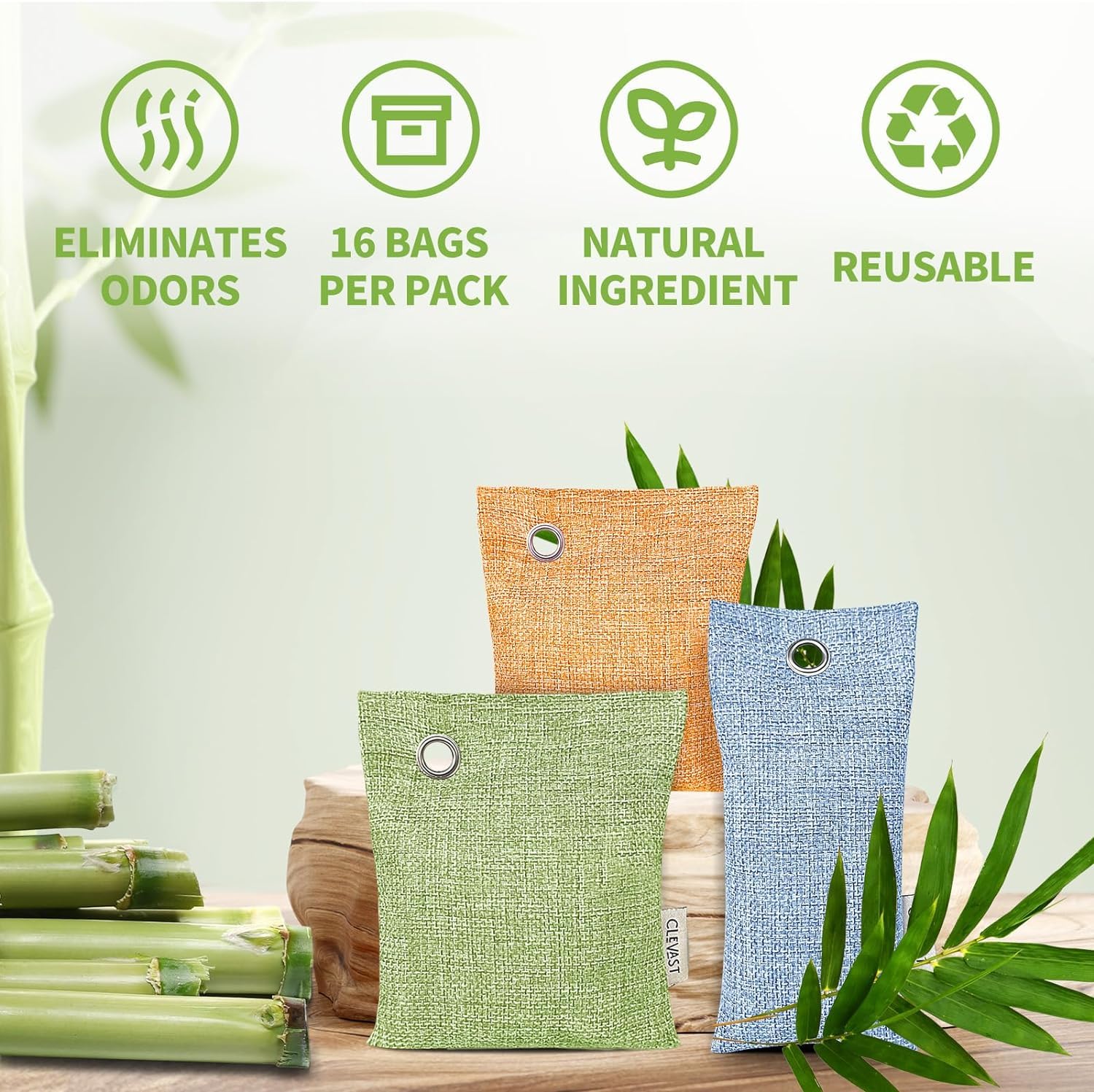 CLEVAST 16 Pack Activated Bamboo Charcoal Air Purifying Bags(8x100g, 8x50g), Natural Fresh Odor Absorber, Deodorizer and Moisture Eliminator, Air Purifier Bags for Home, Closet, Car Air freshener