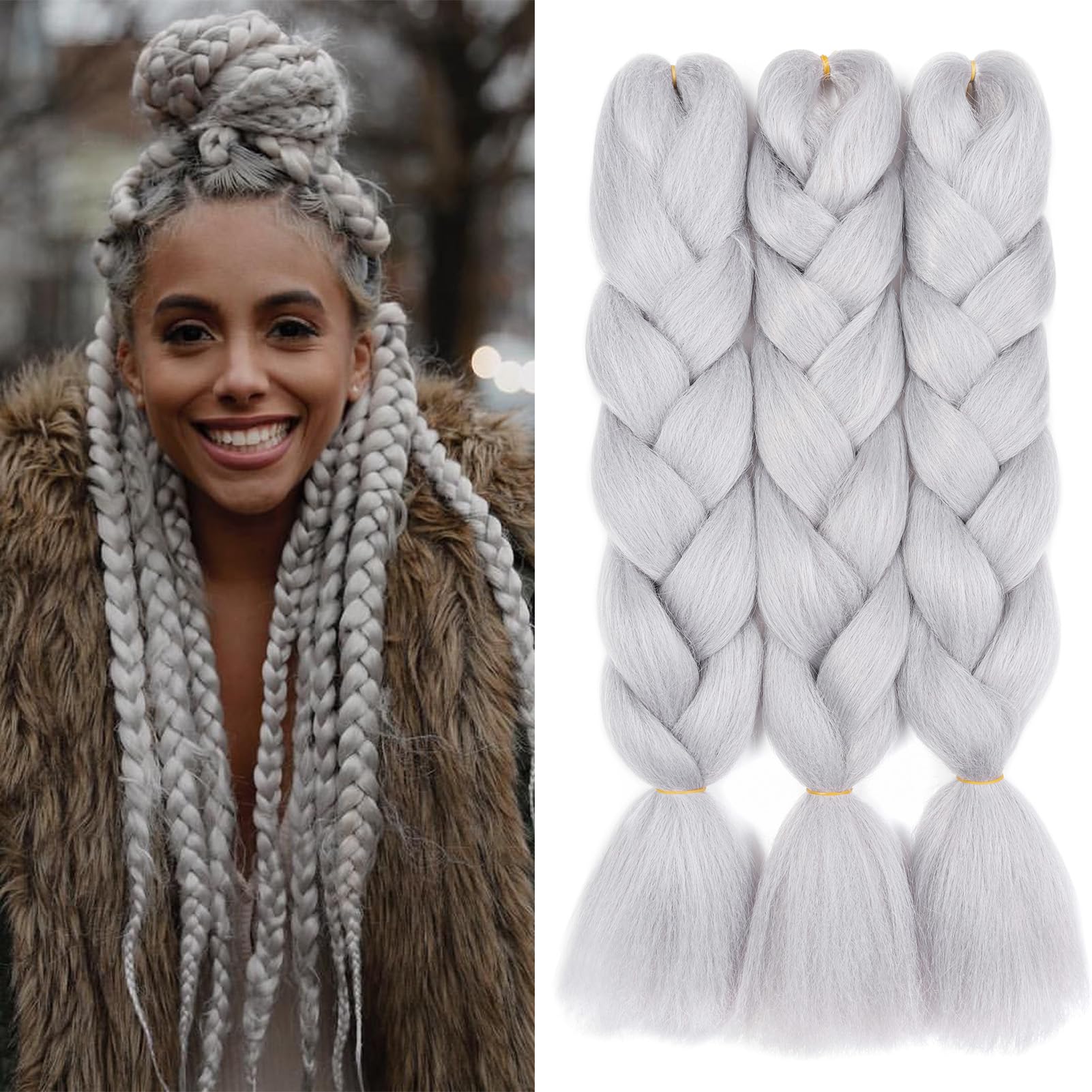 Dcbaboo Jumbo Braiding Hair Extensions 3packs 24inches, Light Grey — image 1