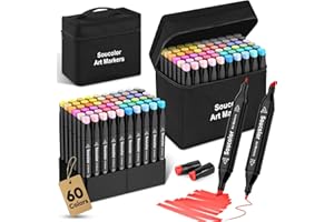 Soucolor Alcohol Markers Set, 60 Colors Dual Tip Art Alcohol Markers for Adults Coloring Drawing Sketching Book Painting Card Making Illustration