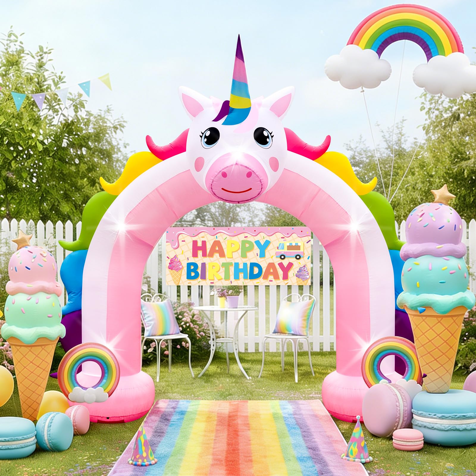 Photo 1 of 10FT Inflatable Unicorn Arch Outdoor Decorations Giant Blow Up Unicorn Rainbow Built-in 5 LED Lights for Unicorn Girls Birthday Party Wedding Baby Shower Garden Yard Lawn