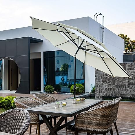 Klismos 10ft 3 Tiers Patio Umbrella With Solar Lights Windproof Outdoor Market Umbrella Large Waterproof Table Umbrella With Tilt And Crank White Amazon In Garden Outdoors