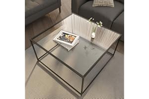EASY PAWS Glass Coffee Table Modern Center Table,Minimalist Coffee Table Sofa Side Tea Table for Living Room,Tempered Glass-top with Sturdy Metal Frame, Easy Assembly,26.4 x 26.4 x 15.7 Inches, Black