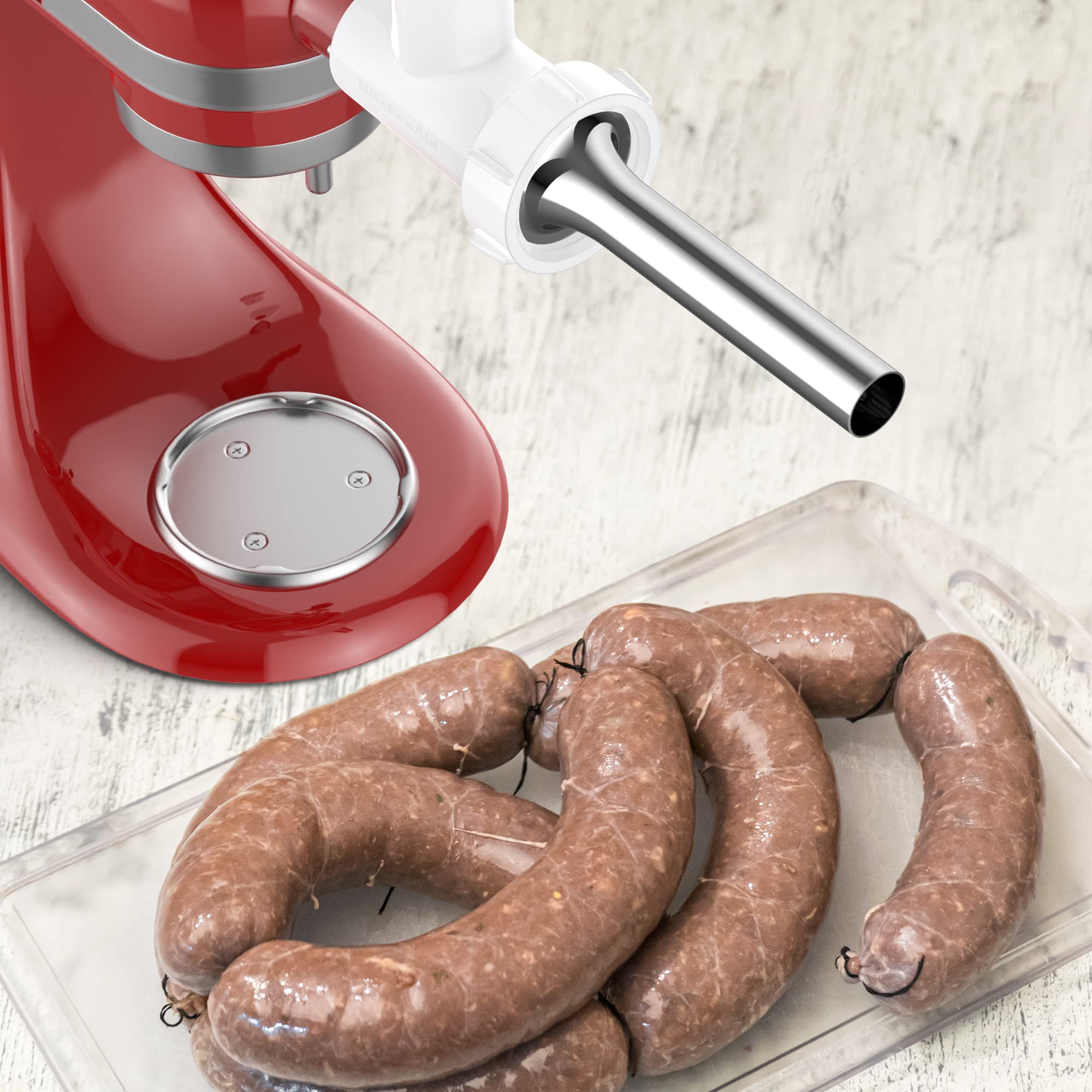 InnoMoon Sausage Stuffer Kit for Kitchenaid plastic FGA Food Grinder Attachment, For Kitchen Aid Sausage Attachment, 3 Stainless Steel Stuffing Tubes plus 1 Retainer Ring
