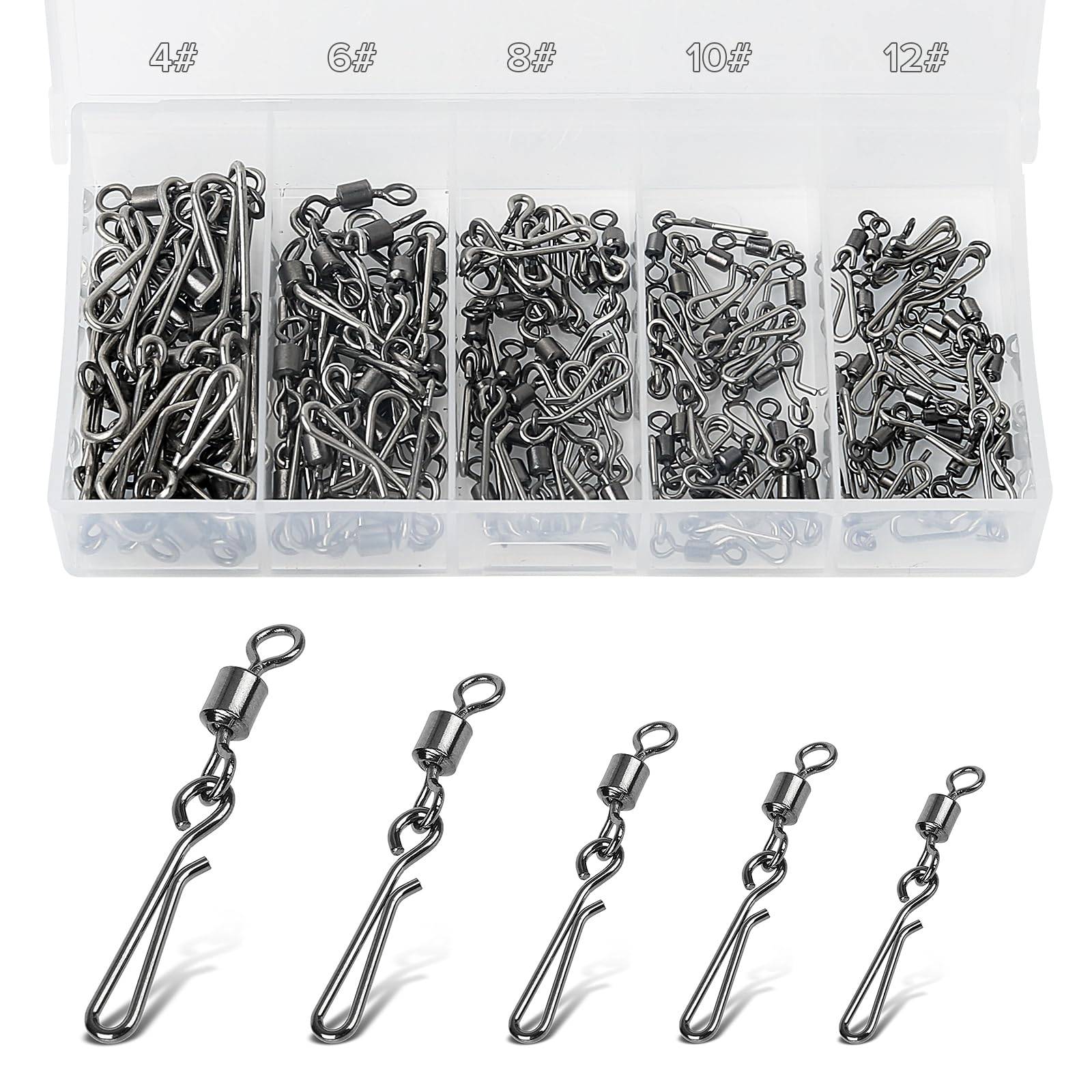 Realure 100 Pcs/5 Sizes Quick Change Fishing Rolling Swivels with Hanging Snaps 4# 6# 8# 10# 12# Sea Fishing Swivels and Clips for Fishing Lure to Line Connectors