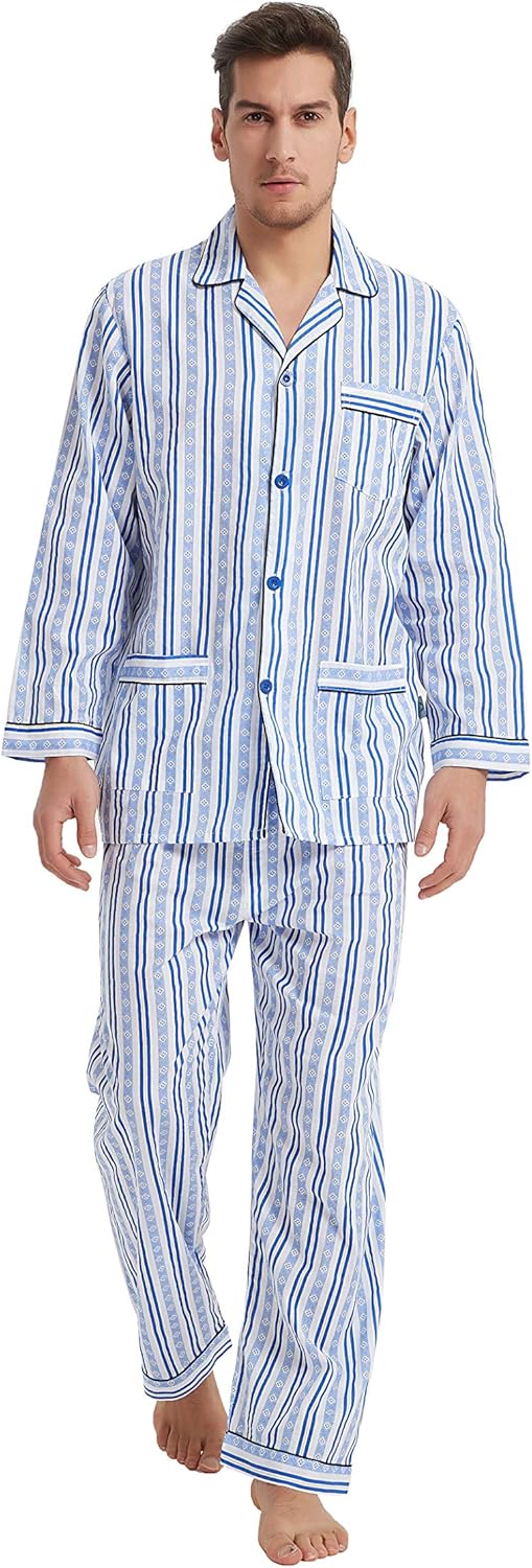 GLOBAL Mens Pajamas Set, 100% Cotton Woven Drawstring Sleepwear Set with Top and Pants/Bottoms at  Men’s Clothing store