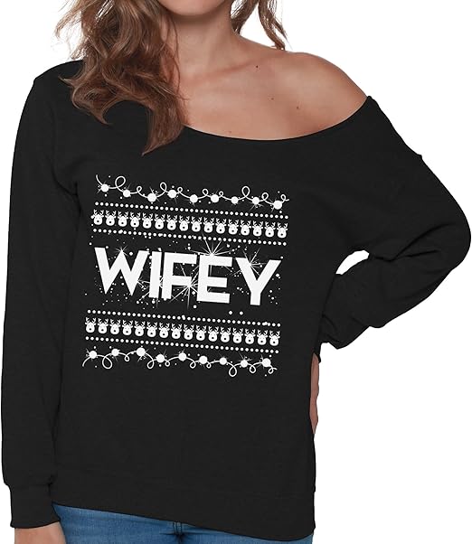 Pekatees Wifey Christmas Sweatshirt Off Shoulder Ugly Christmas Wifey Sweater Wifey Sweatshirts 