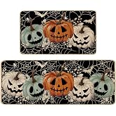 Baccessor Halloween Kitchen Mats Set of 2, Spooky Pumpkins Spider Web Ghost Kitchen Mat Rug Low-Profile Non Slip Absorbent Kitchen Floor Mats for Fall Home Party Decor 17x29 and 17x47 Inch (Black)