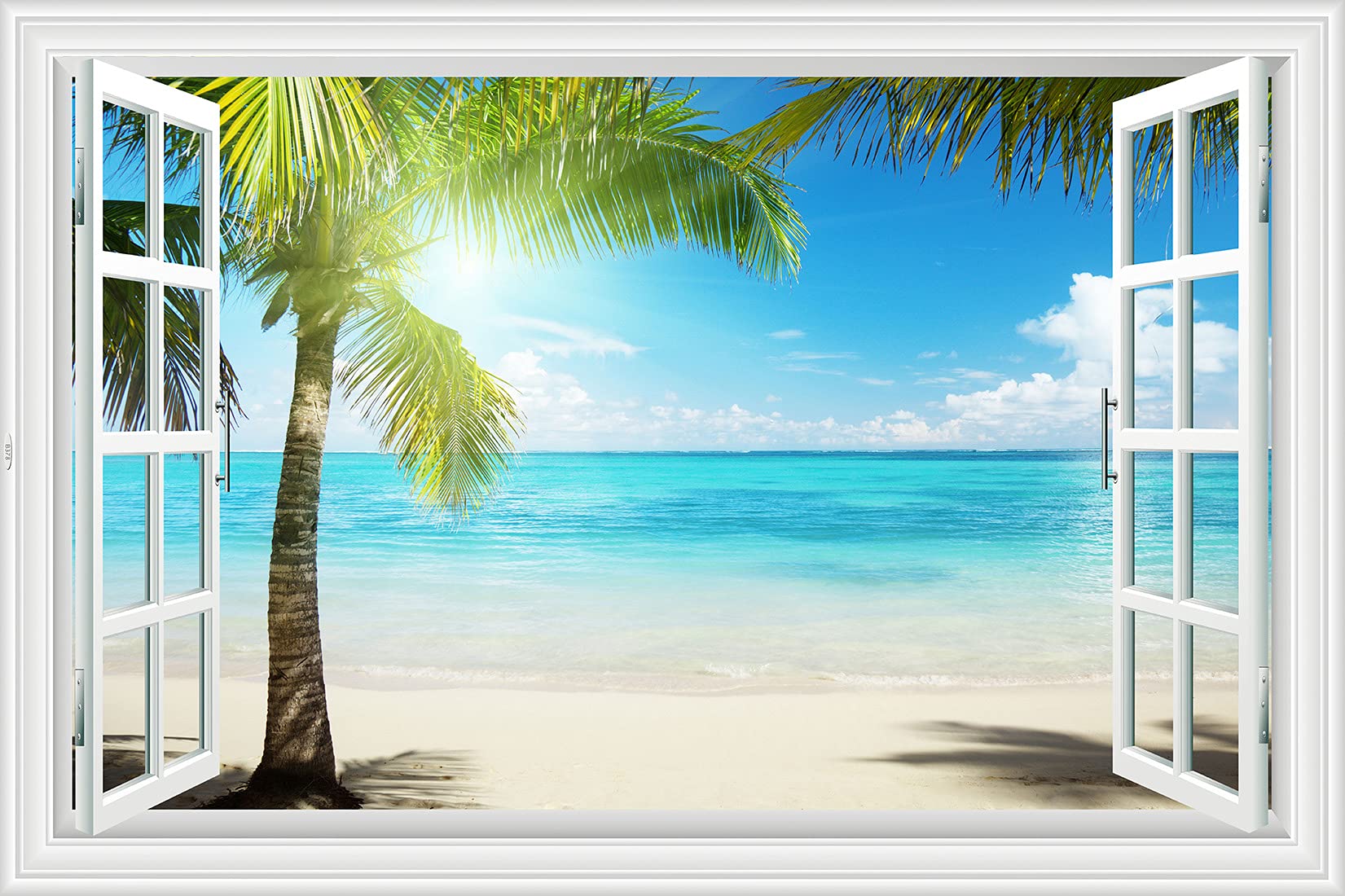 Lichi 3D Fake Window Wall Sticker Mural Decal of Beach Coconut Tree View Scenery Sunshine