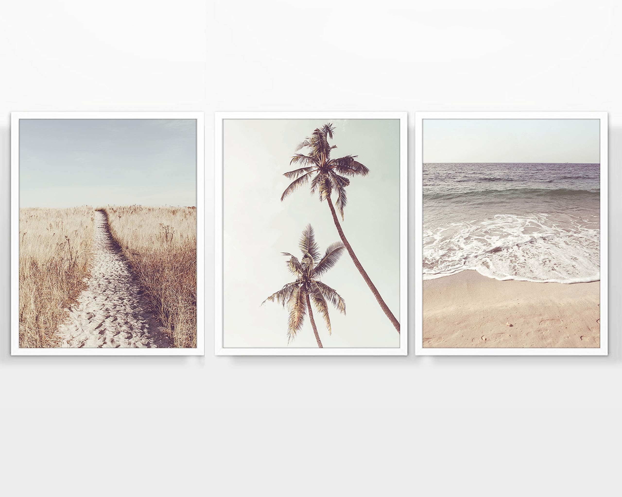 Beach Themed Photography Prints, Set of 3, Unframed, Coastal Palm Trees Waves Ocean Wall Art Decor Poster Sign, 8x10