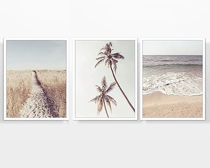 Beach Themed Photography Prints Set Of 3 Unframed Coastal Palm Trees Waves Ocean Wall Art Decor Poster Sign 8x10
