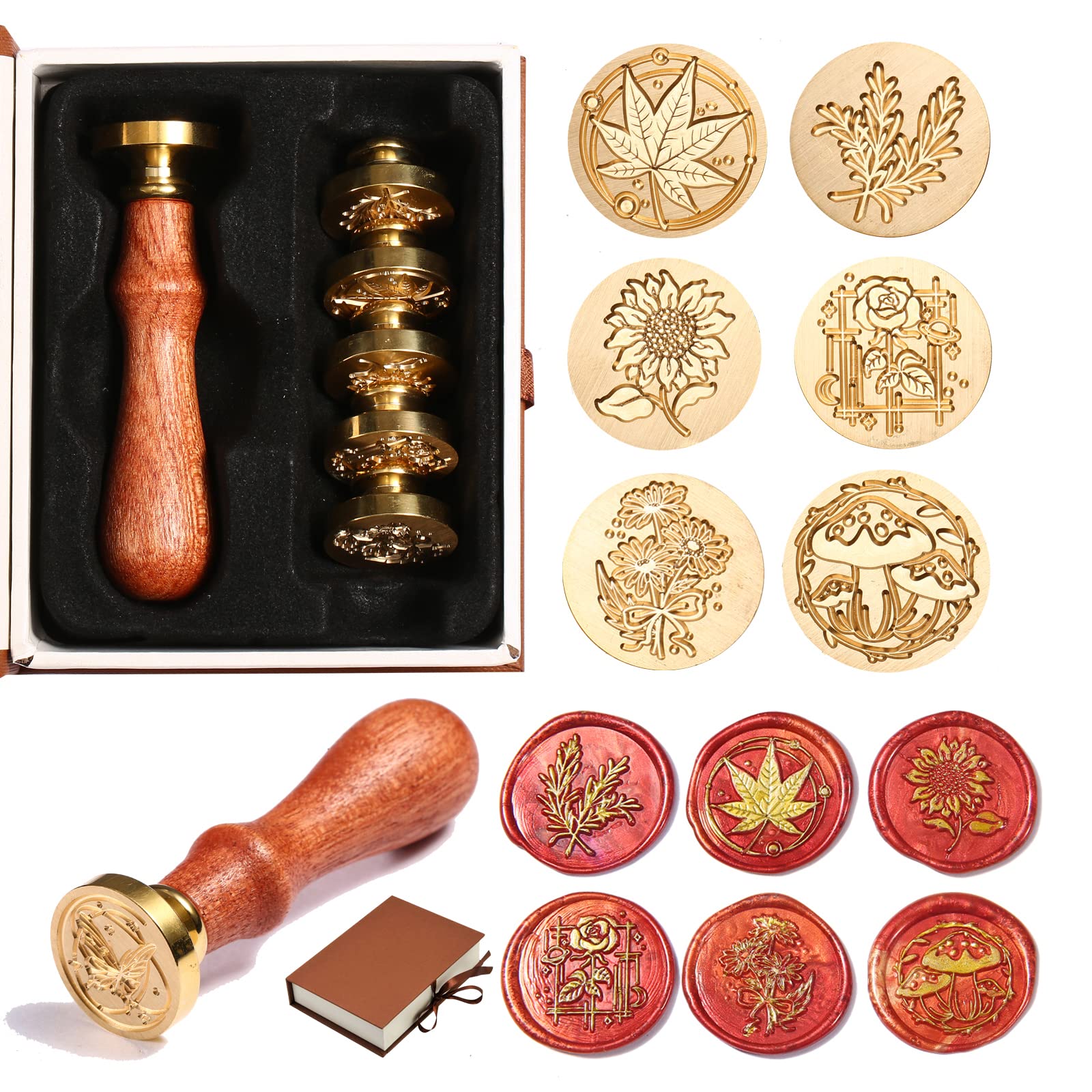 6pcs Wax Seal Stamp Set with Gift Box, Sealing Wax Copper Stamps + 1 Wooden Handle, Wax Stamp Kit (Rose,Wheat,Sunflower,Daisy,Mushroom,Maple) for Birthday Wedding Cards Envelopes (Plant)
