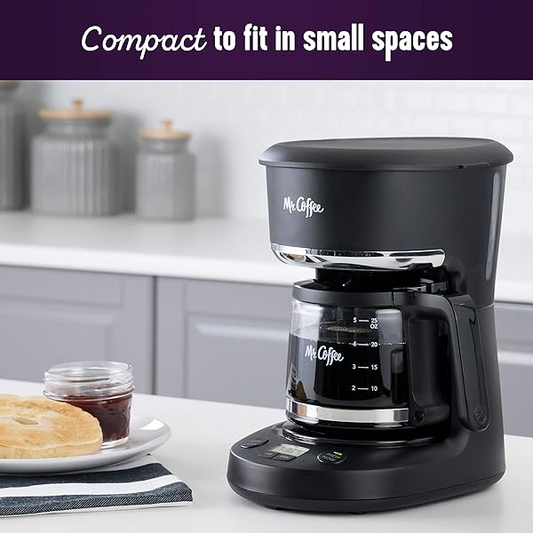 MR. COFFEE PROGRAMMABLE COFFEE MAKER 5 CUPS WITH AUTO PAUSE GLASS CARAFE COMPACT DESIGN BLACK