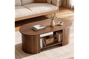 oneinmil 2-Tier Oval Coffee Table with Storage, Fluted Wood Center Table with Smooth Edges for Living Room, Home Office, Smal