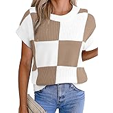 EVALESS Short Sleeve Sweater for Women Crewneck Color Block Knit Tops 2026 Spring Trendy Cap Sleeve Sweater Vest