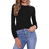 Allegra K Dressy Casual Top for Women's Long Sleeve Pleated Trim Crewneck Business Blouses