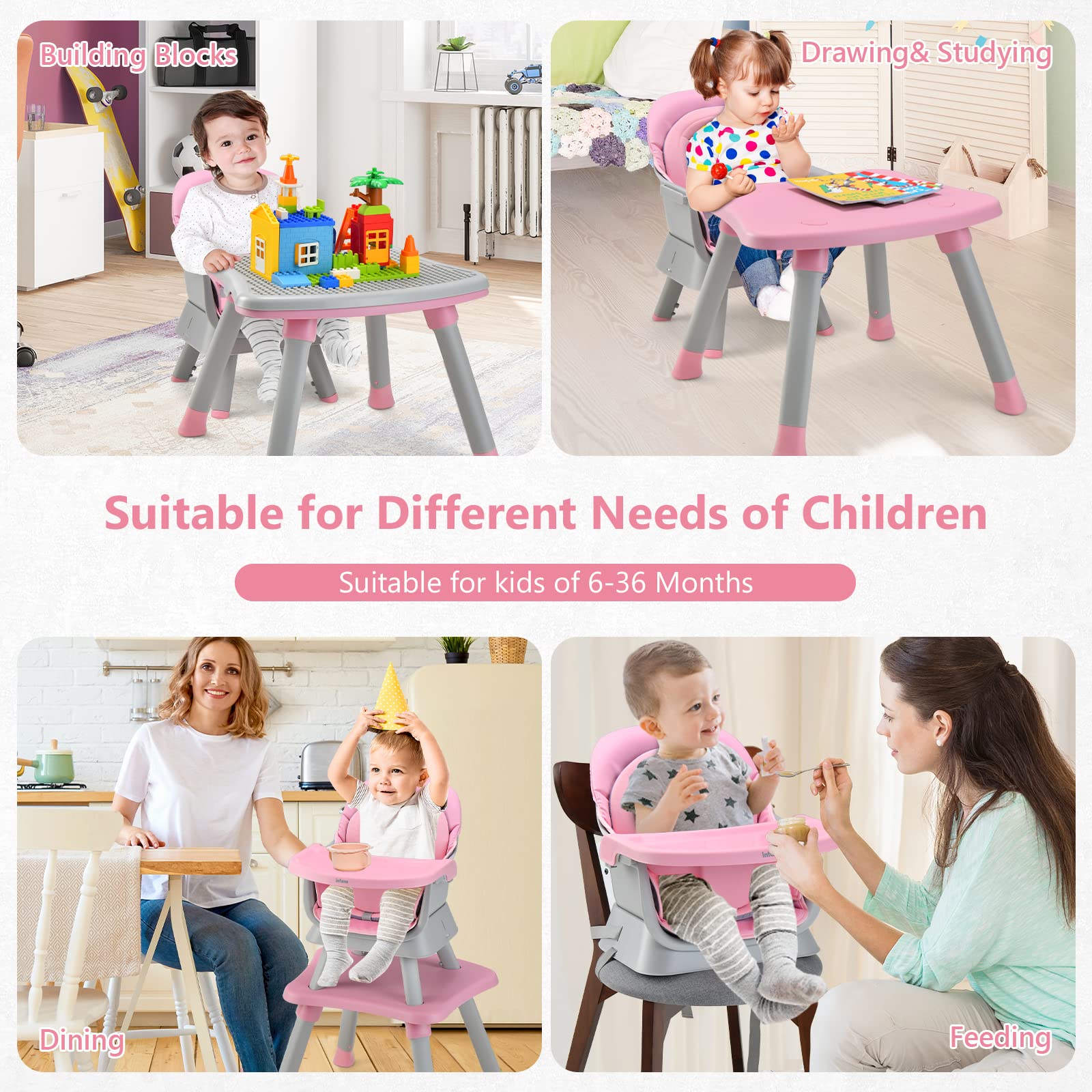 INFANS 8 in 1 Baby High Chair, Convertible Highchair for Babies and Toddlers, Infant Dining Booster Seat, Building Block Table, Kids Stool Table Chair Set with Removable Tray