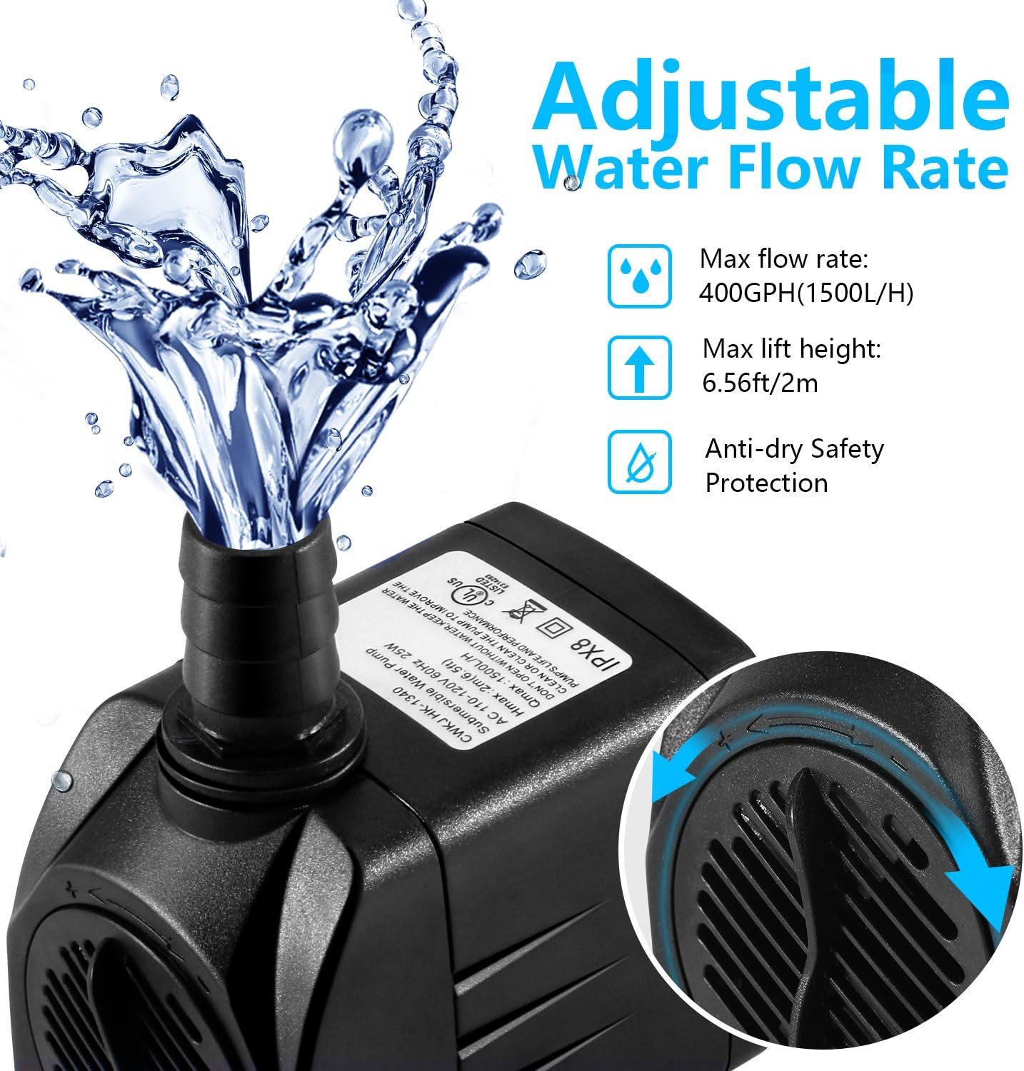 CWKJ Fountain Pump, 400GPH(25W 1500L/H) Submersible Water Pump, Durable Outdoor Fountain Water Pump with 6.5ft Tubing (ID x 1/2-Inch), 3 Nozzles for Aquarium, Pond, Fish Tank, Water Pump Hydroponics : Garden & Outdoor
