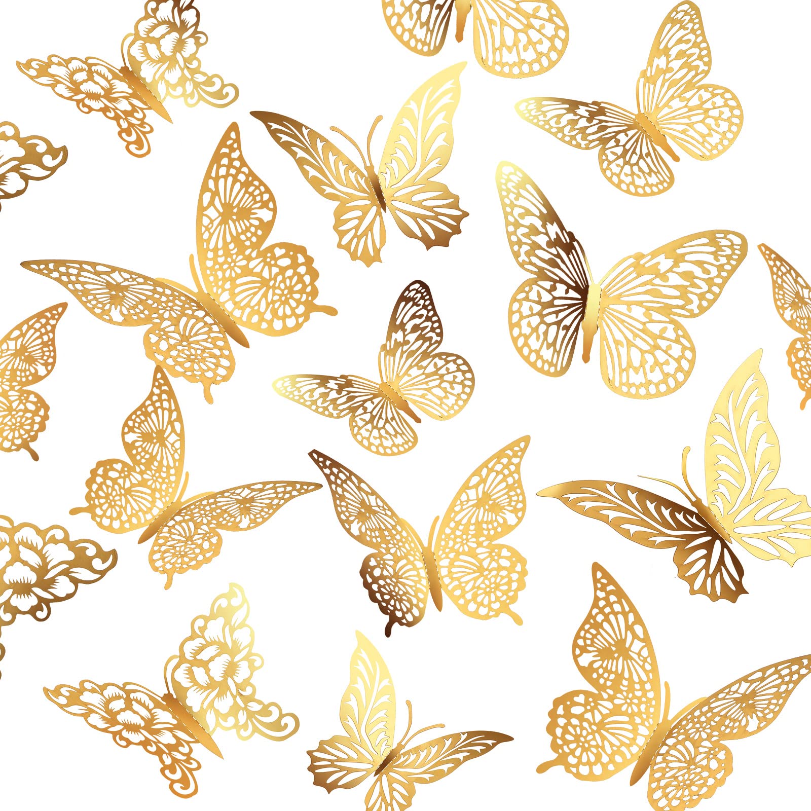 3D Gold Butterfly Decorations Butterflies Stickers, XUNXMAS 48Pcs 4 Styles 3 Sizes Butterfly Wall Decor Party Birthday Cake Decorations, Removable Stickers Decals for Mirror Kids Room Bedroom Wedding