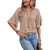 Sialois Womens Blouses Ruffle Sleeve Top V Neck Shirts Casual Outfit Bell Sleeve Cute Tee Spring Fall Summer Fashion Clothes