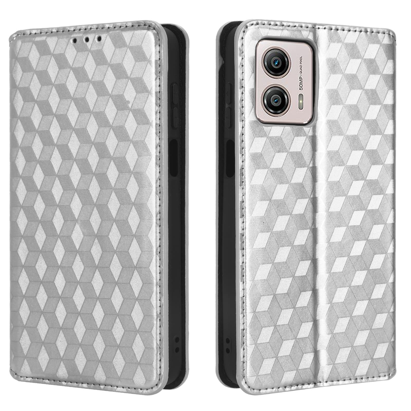 Unichthy Phone Case for Motorola Moto G53 Cover Flip Shockproof 3D Fashion Wallet Case Anti-slip PU Leather Stand Magnetic Closure Folio Bumper Protective Phone Skin for Motorola Moto G53 Silver