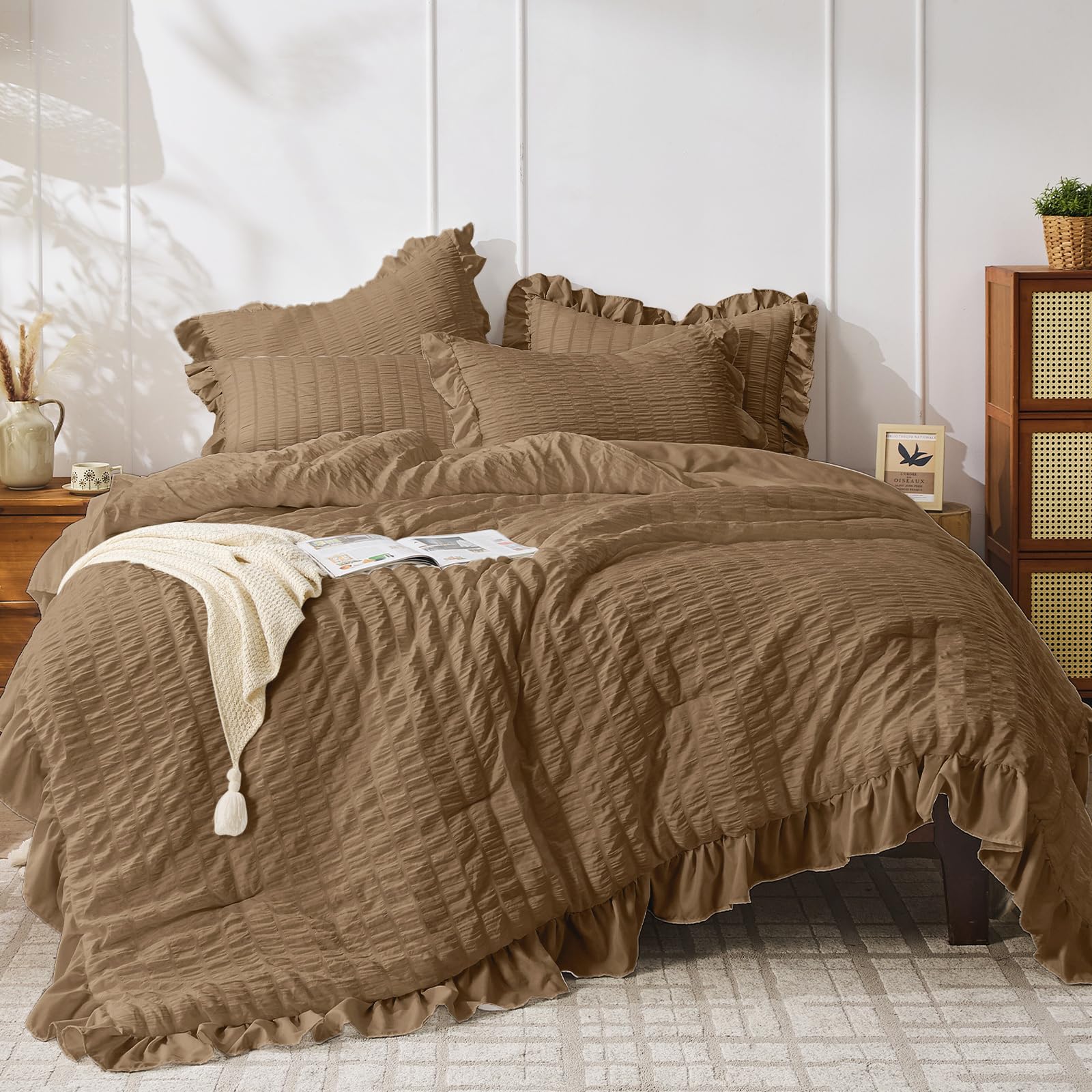 Photo 1 of JOLLYVOGUE Full Size Comforter, 3 Pieces Oak Brown Seersucker Lightweight Full Size Bedding, All Season Fluffy Microfiber Bedding Comforter Set with 1 Ruffle Comforter and 2 Ruffle Pillowshams