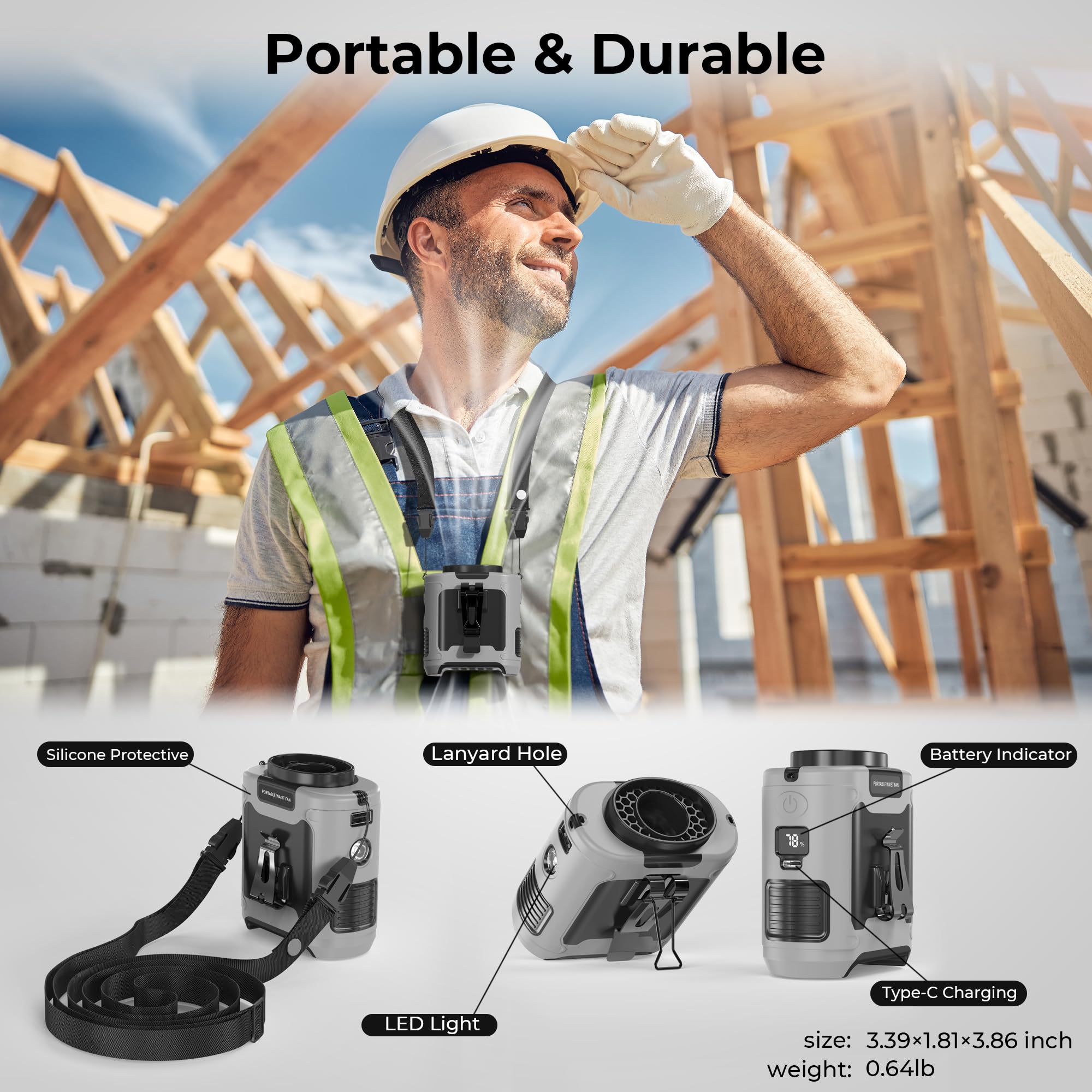 10000mAh Portable Waist Fan Clip On Belt, Max 40H Cooling, 5 Speeds 16000RPM, Rechargeable Hands-free Personal Wearable Neck Fan With Dual Clip & Flashlight for Outdoor Jobsite Camping Traveling