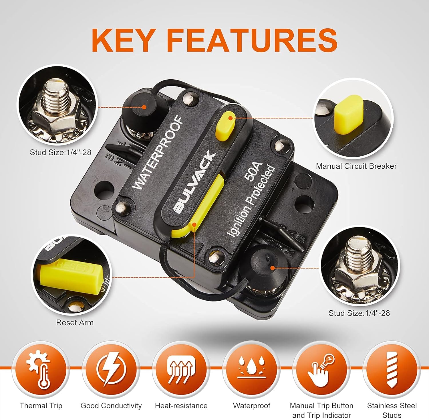 BULVACK 50 Amp Circuit Breaker with Manual Reset for Car Marine Trolling Motors Boat ATV Manual Power Protect for Audio System Fuse, 12V-48V DC (50A): Automotive