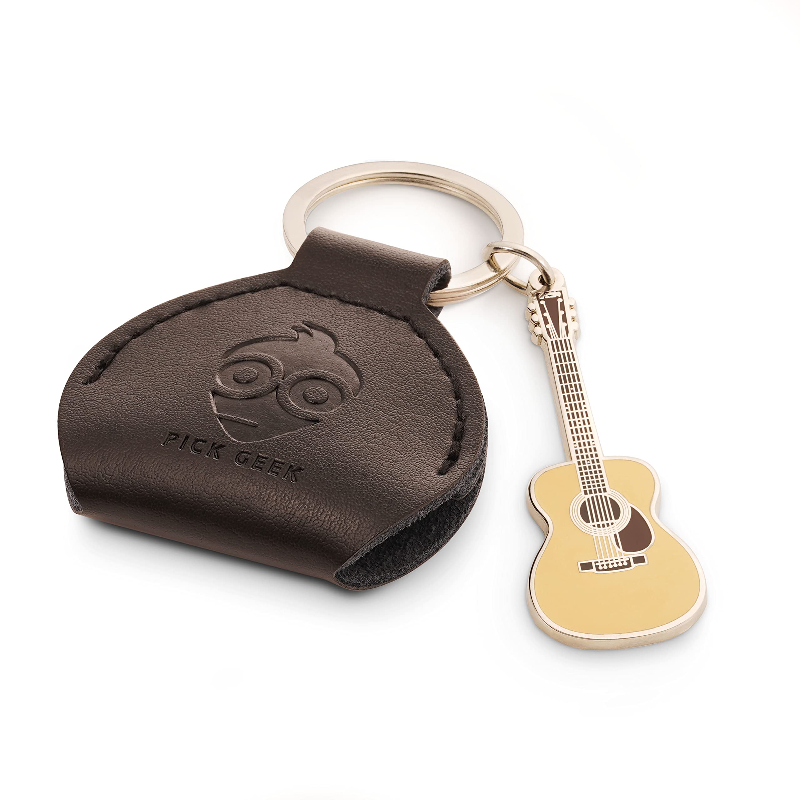 Pick Geek Black Leather Pick Holder with Miniature Martin Keyring | 100% Handmade Real Leather | Includes 3 FREE Guitar picks | Made with Jewellers Metal