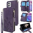 Lacass [Cards Theft Scan Protection 10 Card Slots Holder Zipper Pocket Wallet Case Flip Leather Cover with Wrist Strap Stand for Motorola Moto G Power 5G 2023 Case (Floral Dark Purple)