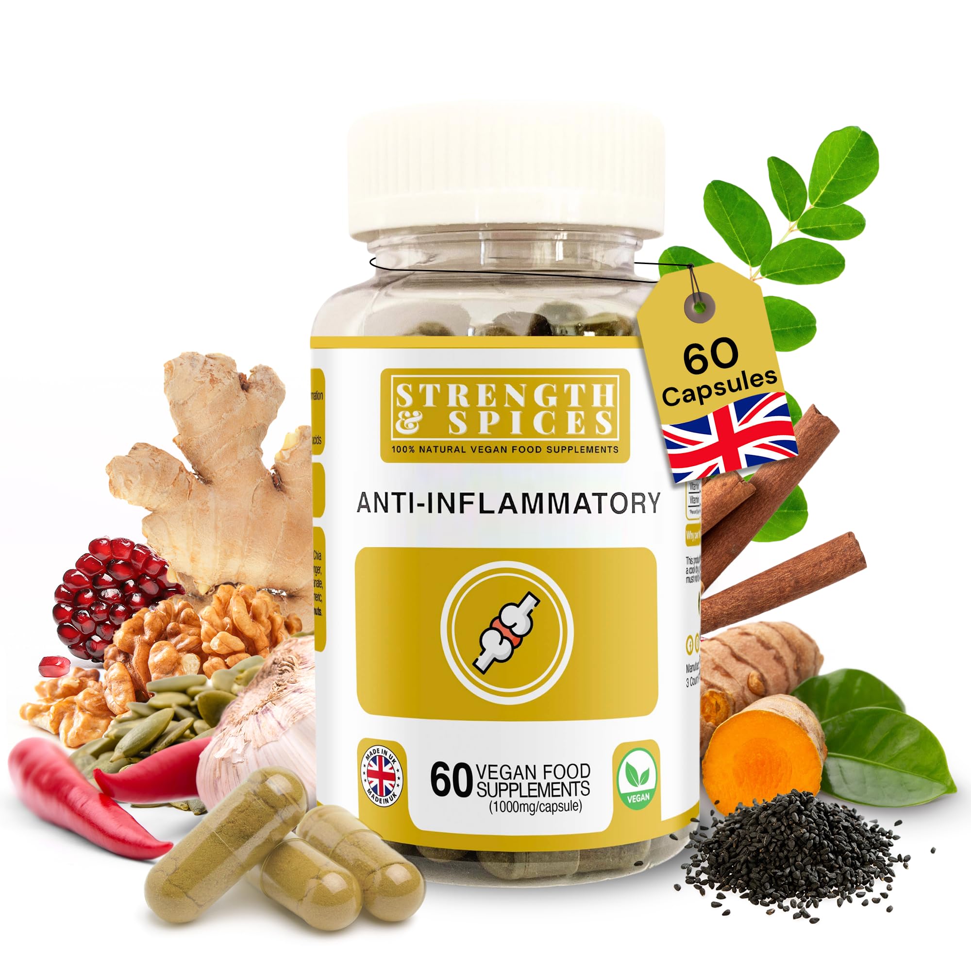 Strength & Spices Anti-inflammatory, Muscle and Joint Care Supplements for Mobility and Recovery, Turmeric Capsules with 28 Powerful Ingredients, Vegan and All-Natural, 1000mg, 60 Capsules