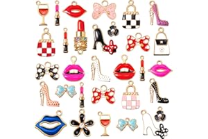 Jetec 50 Pieces Enamel Charms for Bracelet Jewelry Making Women Makeup Earrings Lipstick Craft Pendant High Heel Designer Charms Mixed Gold Plated Wallet Flower Bow Items for DIY Necklace