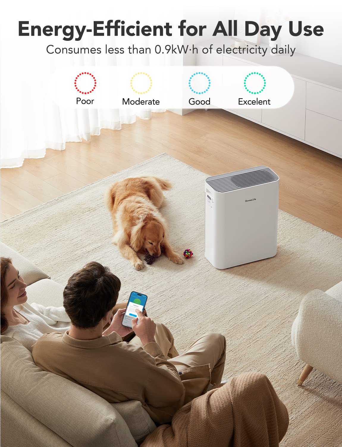 GoveeLife Smart Air Purifiers for Home Large Room, Air Purifiers for Pets with PM2.5 Sensor, Washable Pre-Filter for Pet Hair Lint, 24dB Large Air Purifier with App Control