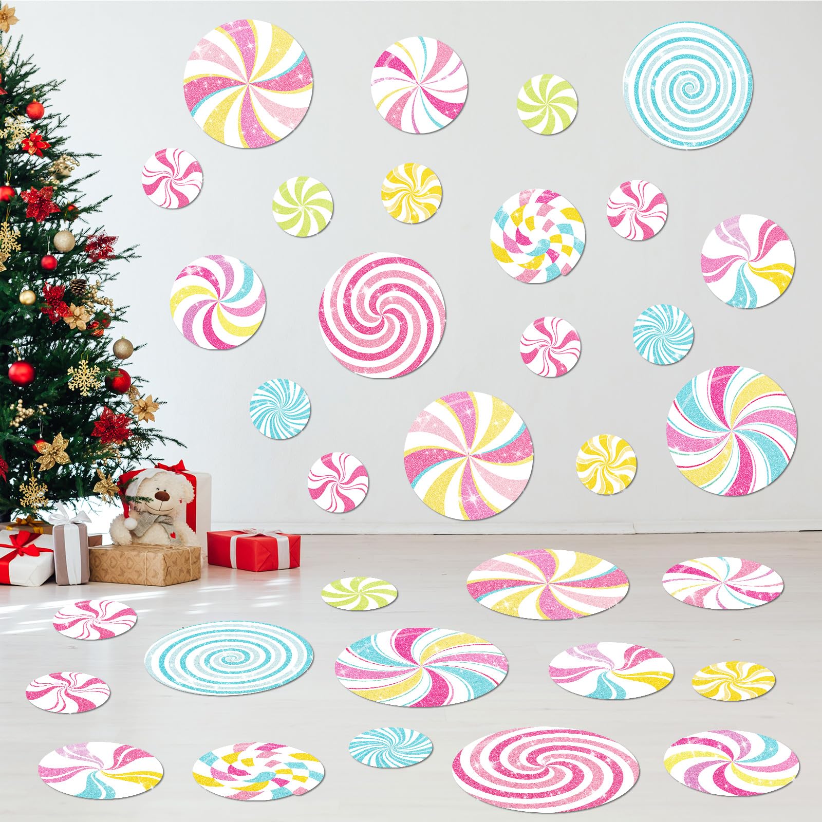 Photo 1 of 36PCS Large Peppermint Christmas Floor Decals Glitter Stickers - Pastel Candy Wall Decals - Removable Xmas Candy Stickers for Floor, Window - Christmas Candyland Winter Holiday Party Decor