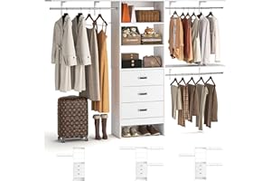 ISUNIRM 8FT Closet System, 96'' Closet Organizer System with 3 Hanging Rods, Wall Mount Bedroom Wardrobe with 3 Drawers Walk-in Closet, Adjustable Cloth Garment Rack from 5 to 8FT (Cut to Fit), White