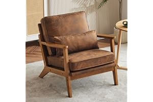 Karl home Accent Chair Wide Armrest Mid-Century Lounge Chair Bronzing Cloth Armchair with Lumbar Pillow & Solid Wood Frame for Living Room, Bedroom, Balcony, Brown