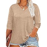 Beautife Womens Plus Size Tops Lace 3/4 Sleeve V Neck Tunic Shirts Casual Loose Fit Curvy Blouse