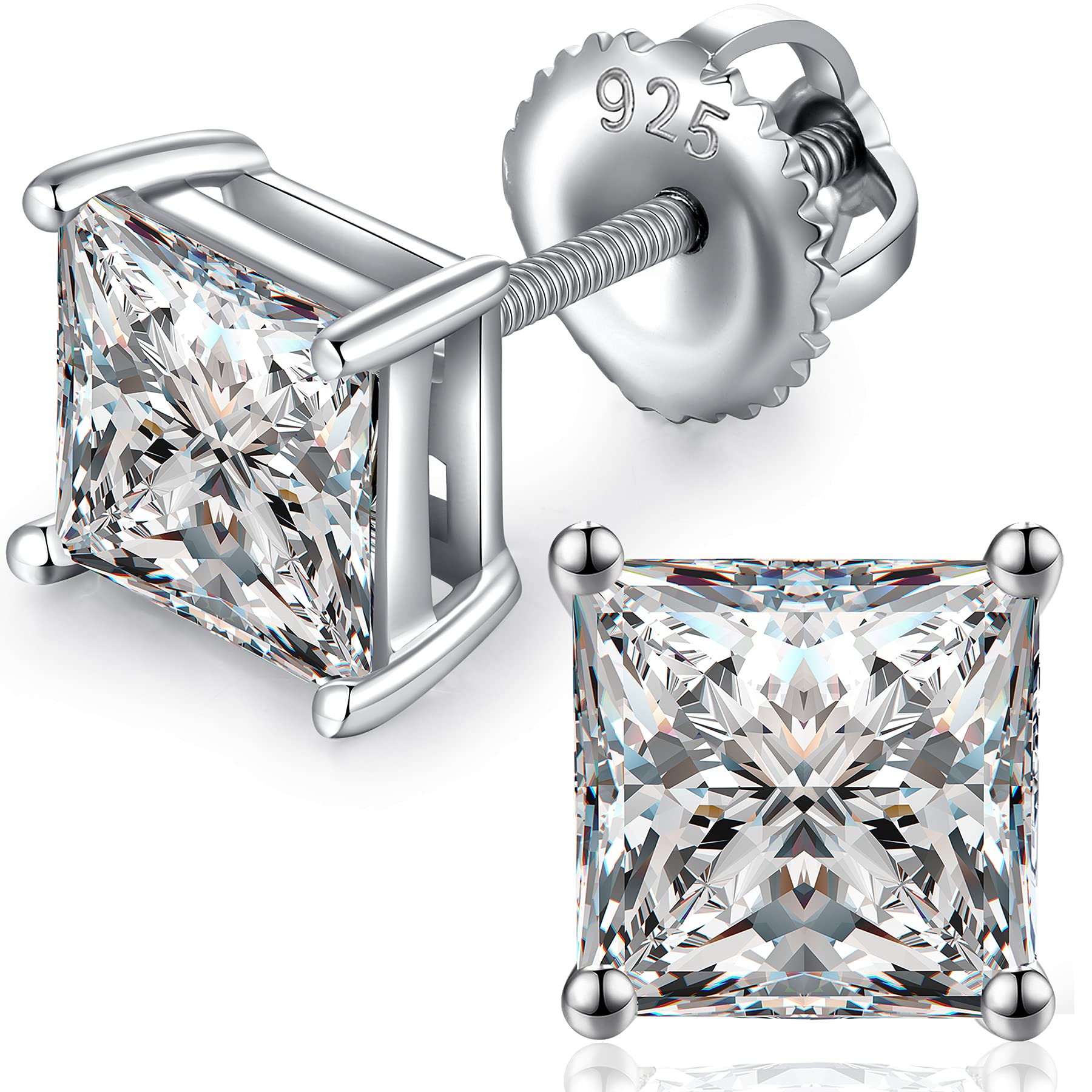 Stud Earrings Square Simulated Diamond CZ Screw Stud Earrings for Women Men Hypoallergenic 4mm