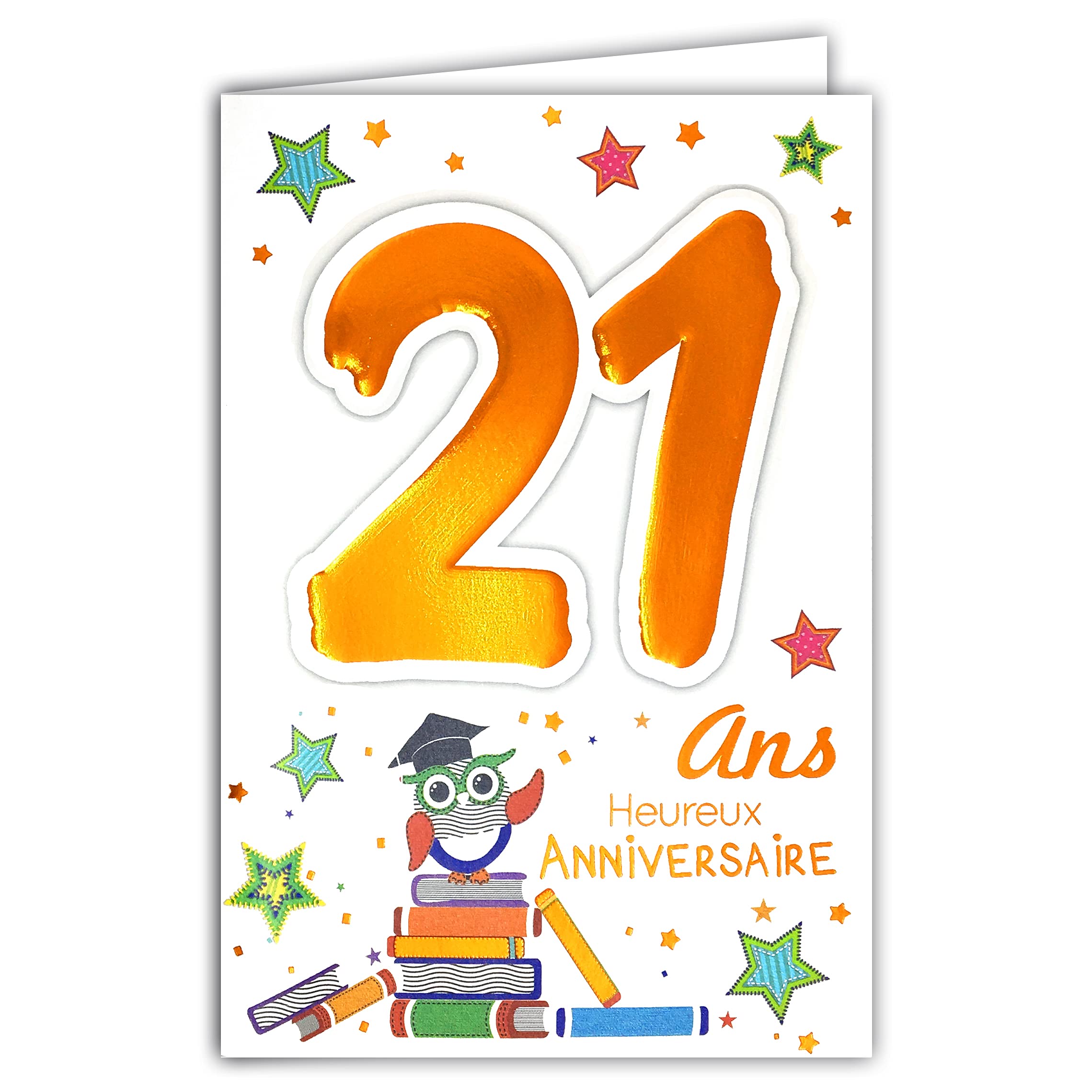 MV 69-2023 Age 21 Birthday Card Young Man Woman Student ETUDIANTE Reading Books Exam Owl Owls Design Stars