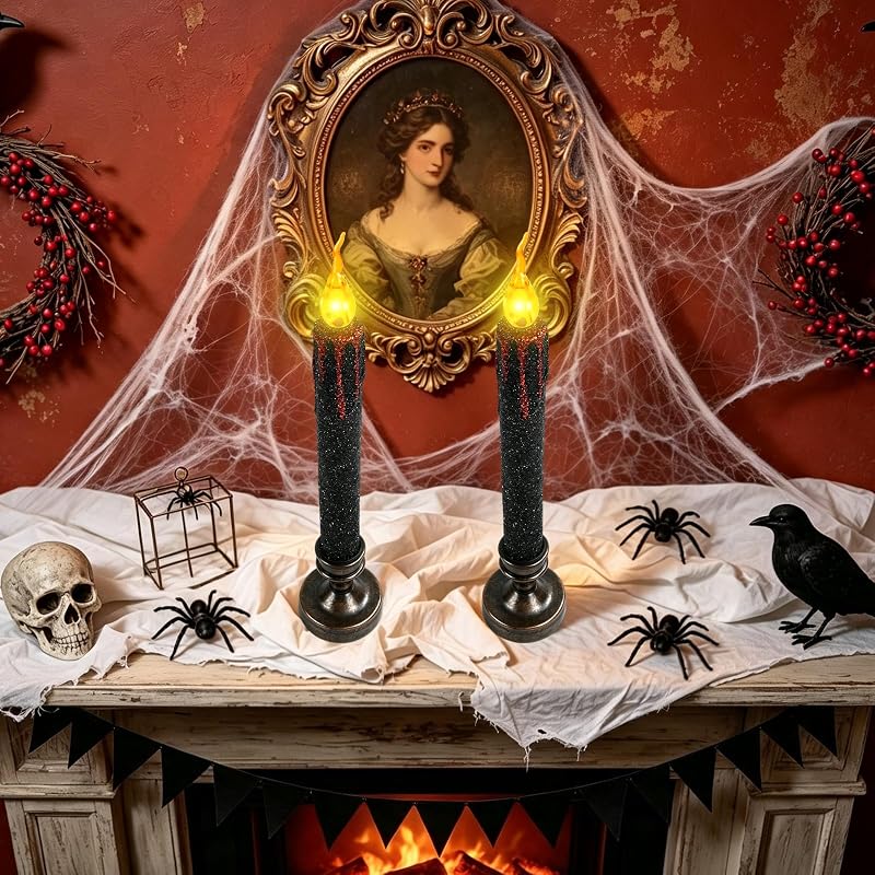 2 Piezas Velas LED Halloween 24.5cm Velas Halloween Sin Llama Gotean Sangre Negras LED Candle con Pilas para Fiesta, Regalos, Decoracion Casa