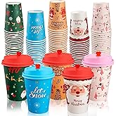 CUPLOOV 100 Pack Christmas Hot Coffee Cups with 50Pcs Lids, Xmas 12 Oz To Go Coffee Cup Hot Chocolate Cups, Christmas Disposable Paper Cups for Cold Drinks Holiday Winter Party Supplies